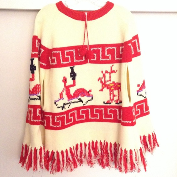 Vintage Ethnic Pullover Poncho Sweater, POM-POM Fringe - Picture 1 of 7